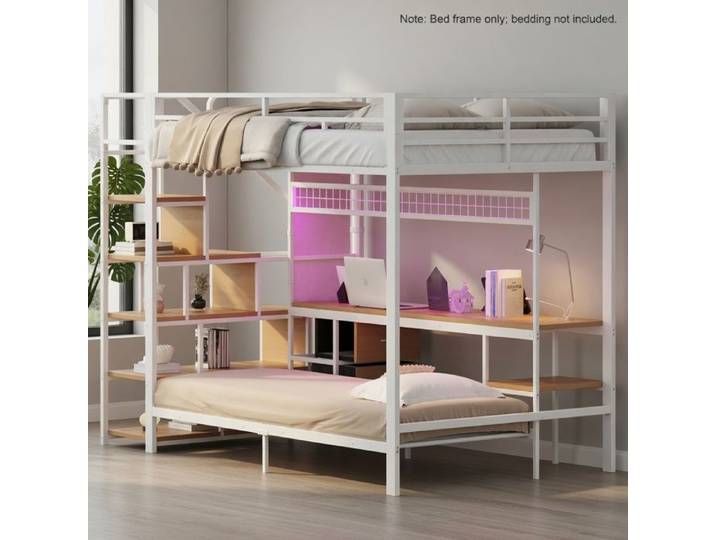 CollaHausse Lit Superposé Métal 140/90x200cm Bureau LED Tiroirs Tissu Blanc