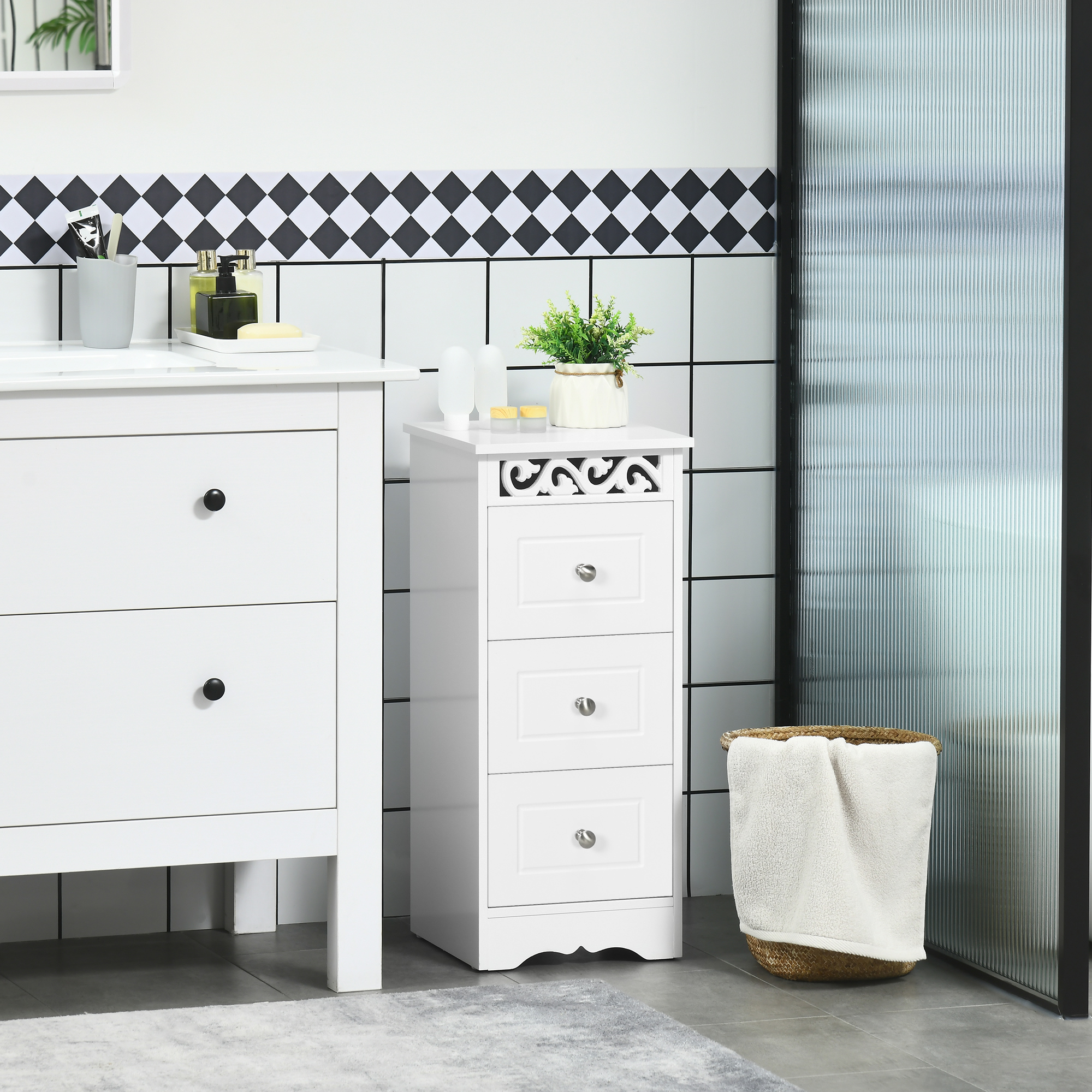 Homcom Mobiletto Bagno Salvaspazio con 3 Cassetti, Decoro Intaglio Floreale, Mobiletto Cassettiera per Bagno in Legno,30x30x68.5cm,Bianco  Aosom Italy