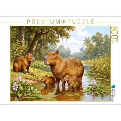 CALVENDO Puzzle Capybara mit Jungtieren am Fluss | 1000 Teile Lege-Größe 64x48cm Foto-Puzzle für glückliche Stunden