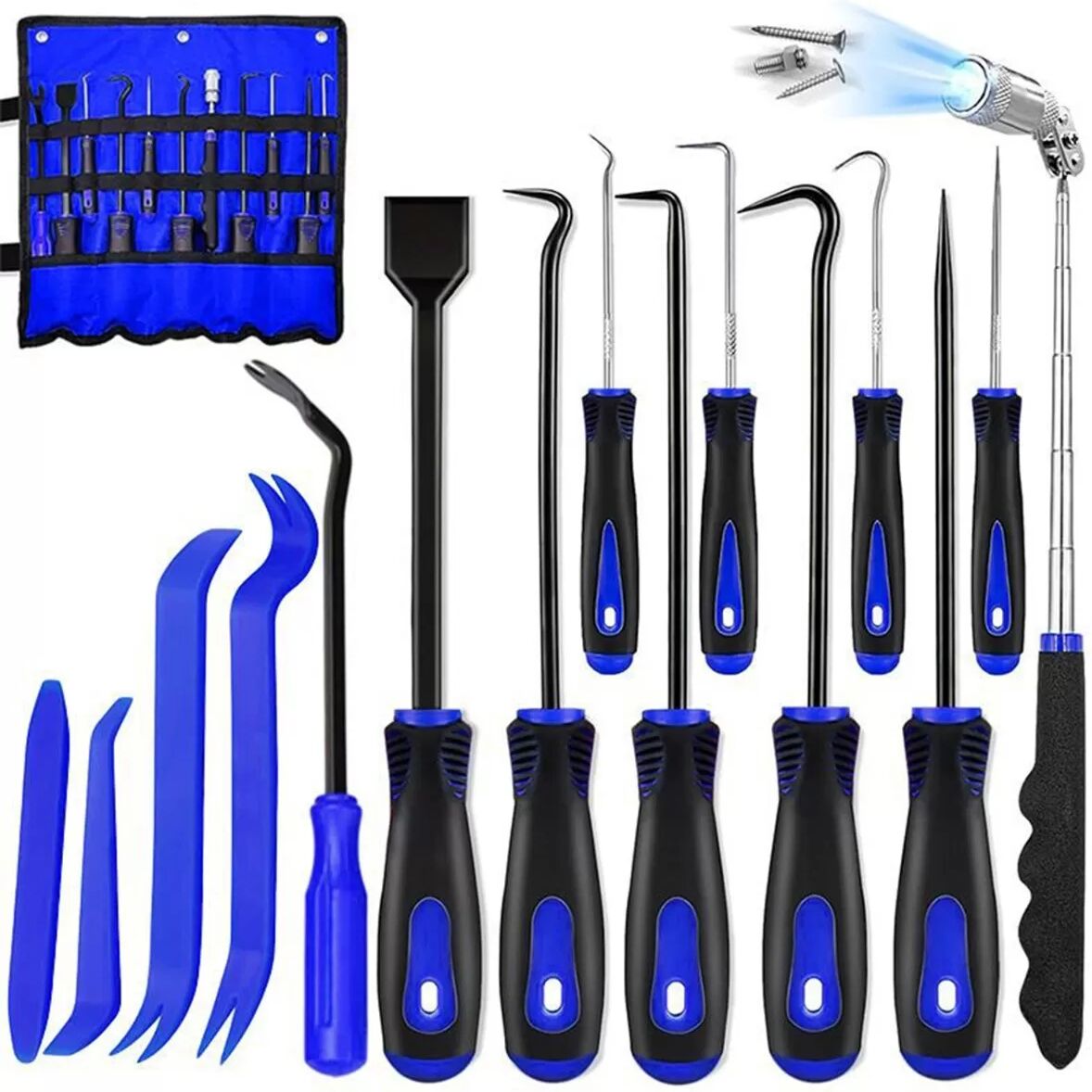INF 15-teiliges Haken- und Ahlen-Set - Kfz-Dichtungswerkzeug-Set Blau+Schwarz