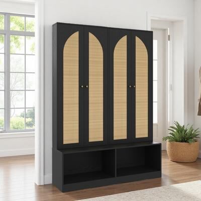 ZWYO HOSIMU "55""L Walnut MDF 4 Rattan Doors & 6 Hooks Hall Tree - Adjustable Shelves & Versatile 4-in-1 Bench with Storage for Entryway"