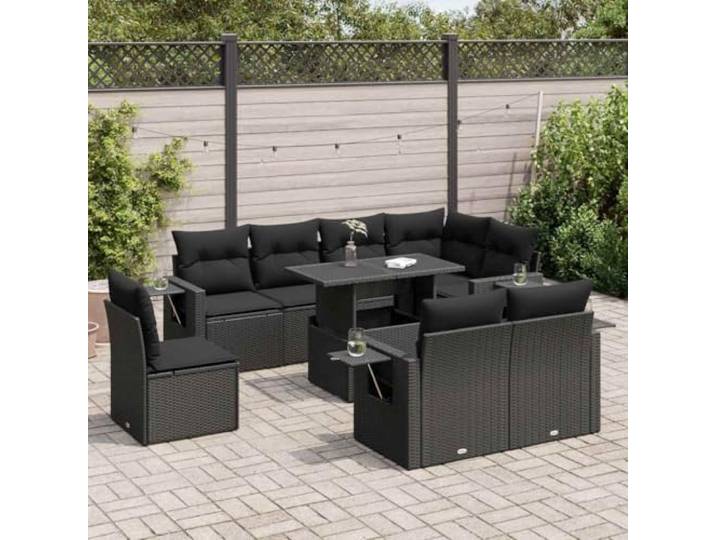 KTHLBRH Gartenmöbel-Set 9-teilig mit schwarzen Kissen aus Polyrattan Outdoor Lounge mit Stauraum, Tisch mit verstellbarer Tischplatte, abnehmbare Kissen, Gestell aus Stahl