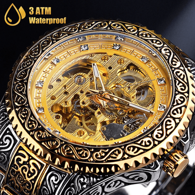 USA Free Shipping Shop Luxury Men Stainless Steel Automatic Mechanical Wrist Watch Gold Skeleton Dial, Self Winding, Waterproof Business Watch Luxury Men Stainless Steel Automatic Mechanical Wrist Watch Gold Skeleton Dial, Self Winding, Waterproof Busines