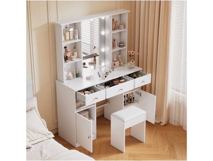 Coiffeuse 110x40x151 cm avec miroir 45x60 cm et LED réglable 3 tiroirs 2 portes bois blanc