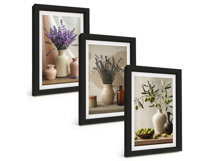 Tulup Bilder SET 3er Set - 20x30 cm Schwarzer Rahmen - Lavendelblüten, Oliven, Gefäße, Kunststoff, Rechteckig, 20x30 cm, Fotografie, Bilder & Rahmen, Bilder