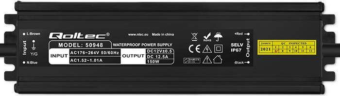 Qoltec LED-voeding 150W 12V 12,5A IP67 Waterdicht Zwart