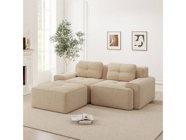 VUENOR canape modulable d angle 204 x 177 x 69 cm beige en velours cotele - ottoman inclus