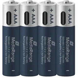 MediaRange wiederaufladbare USB-C Li-Ion Batterien, Micro AAA I 1.5V I 500mAh, 4-Pack