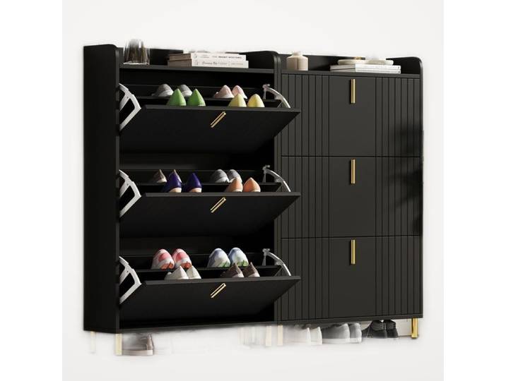 Deux armoires à chaussures équipé de 3 volets Deux étagères étroites Noir Armoire à chaussures avec 6 compartiments