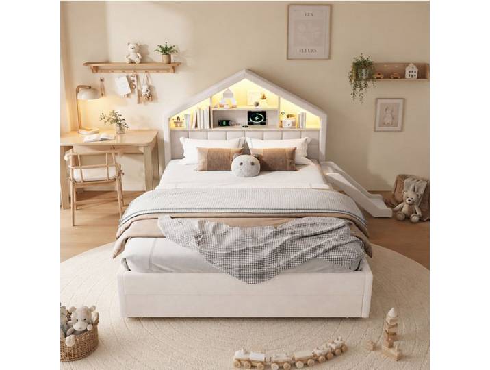 ULEVR Lit enfant rembourré beige 140x200 cm avec toboggan réversible tête de lit maison LED et coffre