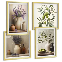 BILDER SET 4er Set - 50x50 cm & 40x60 cm Goldrahmen - Blumen in Vasen als Dekoration