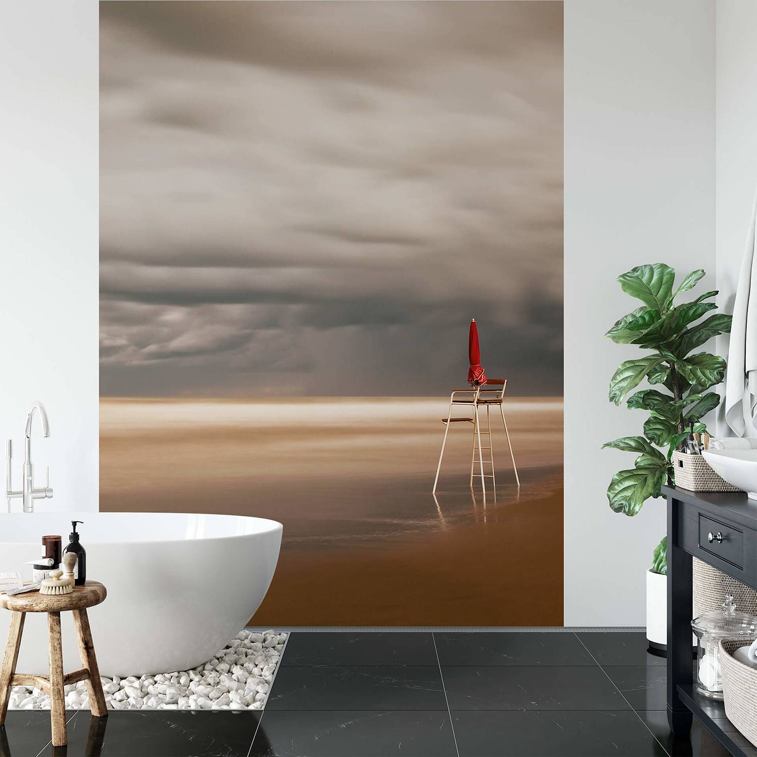 home24 Fotobehang Chair At The Beach Bruin Abstract Maritiem Landschap