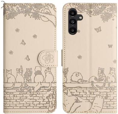 Inspired Deals Cute Cat Embossed Wallet Phone Case For Samsung Galaxy With Card Holder And Lanyard For Samsung Galaxy A71 beige