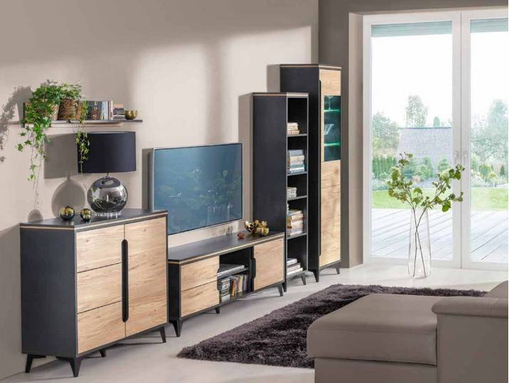 JVmoebel Wohnwand Moderne Wohnwand in Grau und Beige aus MDF und Spanplatten, Made in Europa