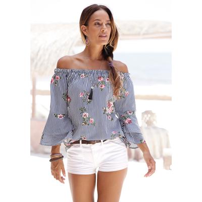 Carmenbluse LASCANA "mit Blumendruck aus gewebter Viskose", Damen, Gr. 34, blau (marine, weiß, gestreift), Web, Obermaterial: 100% Viskose, bedruckt, figurumspielend hüftlang, Carmenausschnitt, Volant, Blusen, schulterfreie Damenbluse, Volantbluse,...