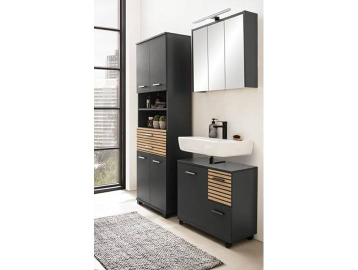 Schildmeyer Badmöbel-Set Katta 702057, Spiegelschrank, Waschbeckenunterschrank, Hochschrank, Anthrazit/Akustikpaneel Optik