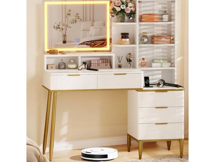 Coiffeuse miroir lumière prise courant design cannelé 5 tiroirs pieds bois massif miroir HD grande étagère rangement chambre