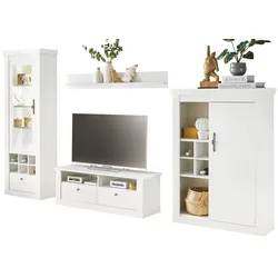 WOHNWAND weiß Pinie Landhaus, Set 4-teilig mit Soft-Close und Beleuchtung