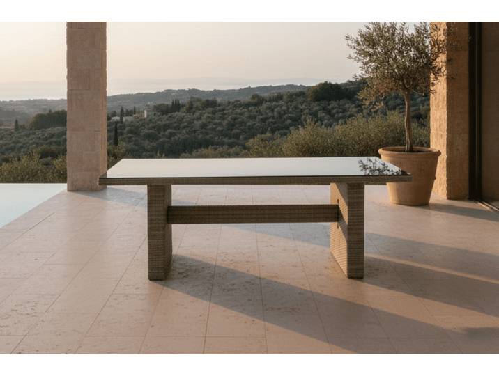 Garten Esstisch Valerio - 200x100 cm aus grauem Rattan mit Glasplatte - Grau - Luxusbetten24