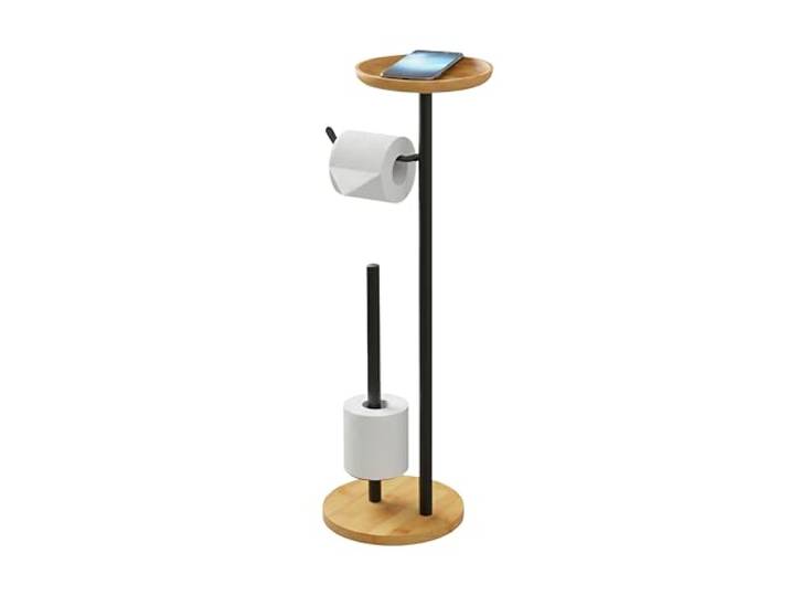 Relaxdays Porte-Rouleau Papier Toilette\, Rangement Rouleaux\, Noir/Nature tablette\, bambou/métal\, 65x25x20 cm
