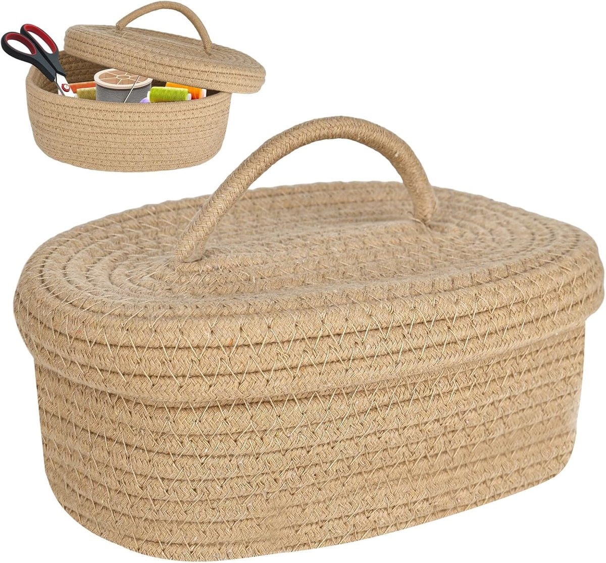 Thijox Gevlochten Opbergmand met Deksel - Textiel - B/D/H: 23 x 15 x 10 cm