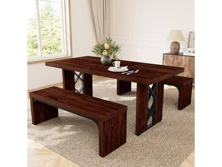 JIEXI Esstisch-Set für 6 mit 2 Sitzbänken, 180 x 80 cm, walnussfarben Bankplätze statt Einzelstühlen, für Küche, Esszimmer