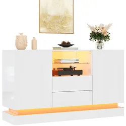 Merax LED Sideboard 140 x 40 x 80 cm, Hochglanz-Anrichte mit 2 Türen, 2 Schubladen, Glasfach, Weiß