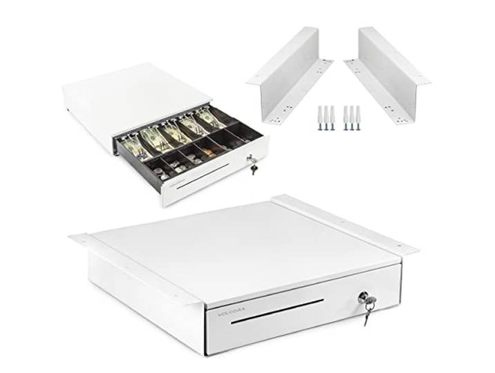 Volcora Kassenschublade mit Halterung unter der Theke – 40,6 cm weiße Schublade für POS, 5 Geldscheine 6 Münzfach, abnehmbares Münzfach, 24 V RJ11/RJ12 Schlüsselschloss, Medienslot – für Business