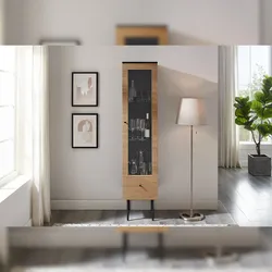 SalesFever Glasvitrine 1-türig|Vitrine mit 2 Einlegeböden und 1 Schublade, MDF Eiche Echtholzfurnier, Gestell Metall |B40xT43xH179cm