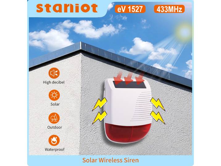 Sirène stroboscopique sans fil Staniot, alarme extérieure solaire étanche 110 dB, compatible avec les systèmes d'alarme intelligents pour la maison, WiFi, GSM
