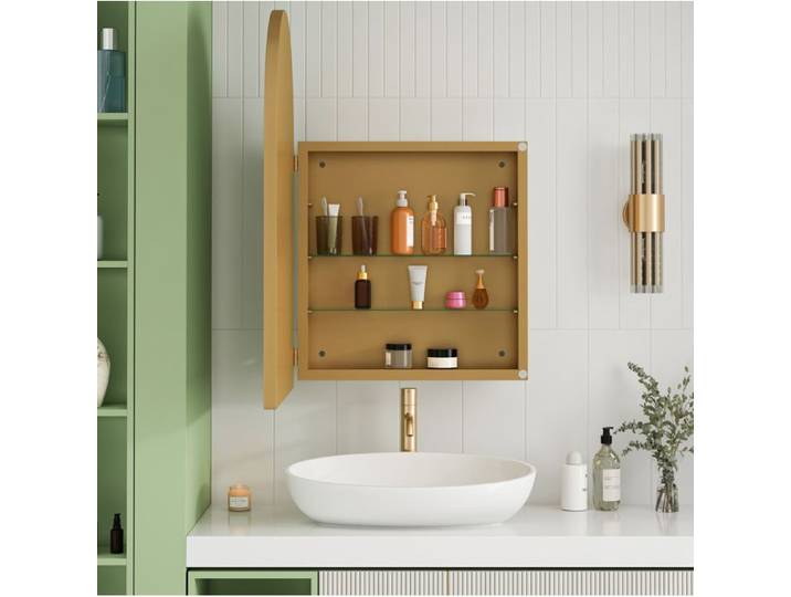 ROVRYN Armoire miroir arquée avec rangement cadre métal doré installation murale ou encastrée