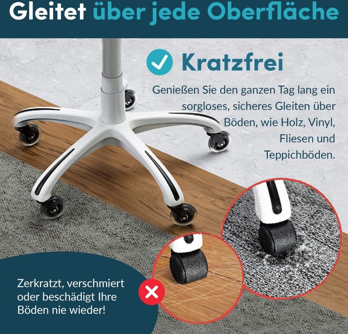 INF Flower Core PU Silent Rollen 5er-Set — 360° Schwenkung, 50kg Traglast, PU + Edelstahl, Schwarz