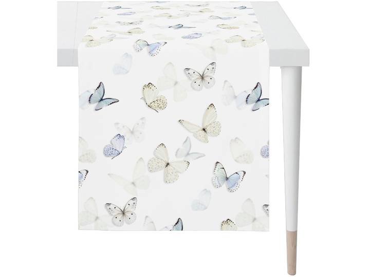 Tischdecke APELT 7003 , weiss (weiß, natur, zartes blau), B:48cm L:140cm, Obermaterial: 75% Baumwolle, 25% Polyester, Tischdecken, Tischdecke, Schmetterlings-All-over