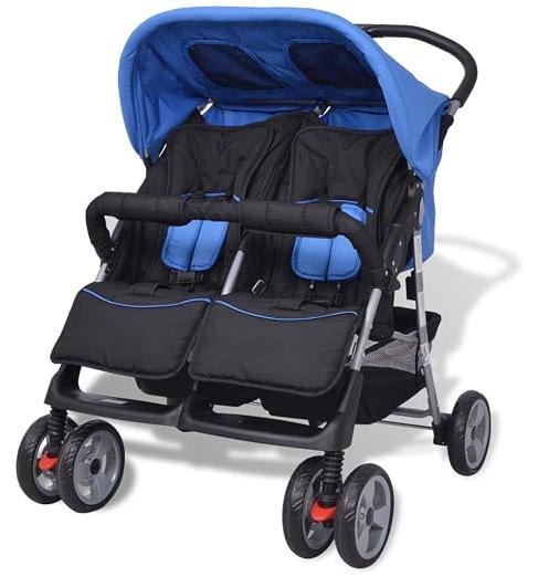 Baby Zwillingswagen, Geschwisterkinderwagen, Kinderwagen, Zwillingskinderwagen, Geschwisterwagen, Zwillingsbuggy, Stahl Blau und Schwarz