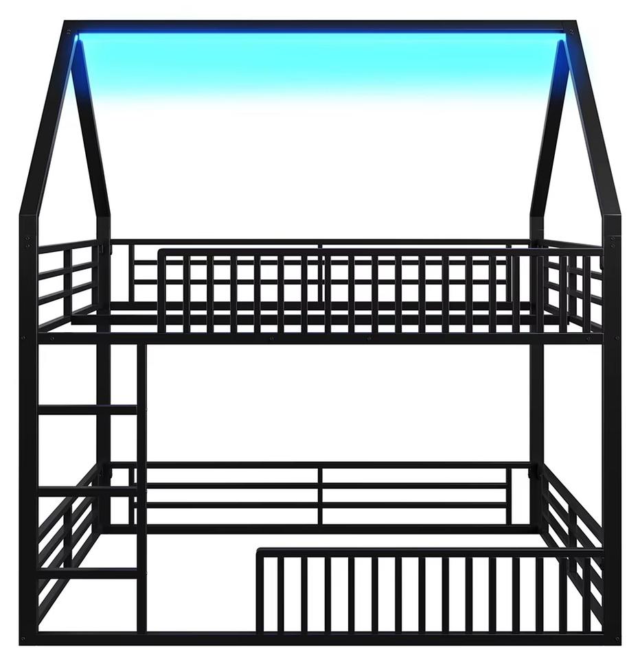 Hausbett mit Treppe - Bett 140 x 200 cm - Sicherheitsgitter - Integrierte LED-Beleuchtung - Robuste Konstruktion - Schwarz