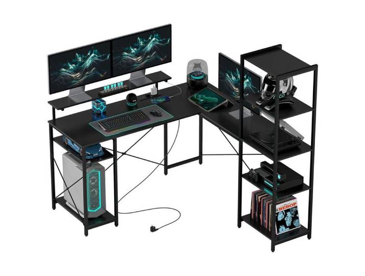 Bureau - Bureau avec rangement - Noir - Panneaux de particules - Étagères réglables - Pour l'organisation du poste de travail