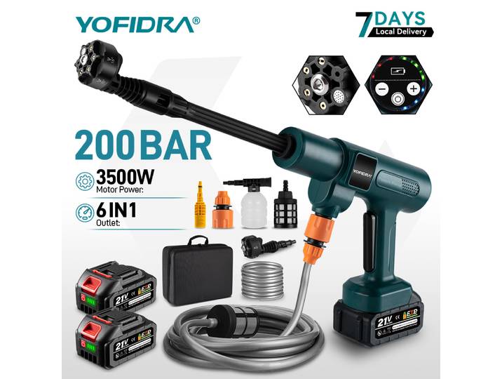 Nettoyeur haute pression sans fil 200 bars, pistolet à eau électrique avec seau, pistolet de pulvérisation pour voiture, compatible avec batterie Makita 21V.