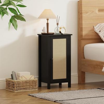 Garvee Bamboo Storage Cabinet with Rattan Door, Black Nightstand