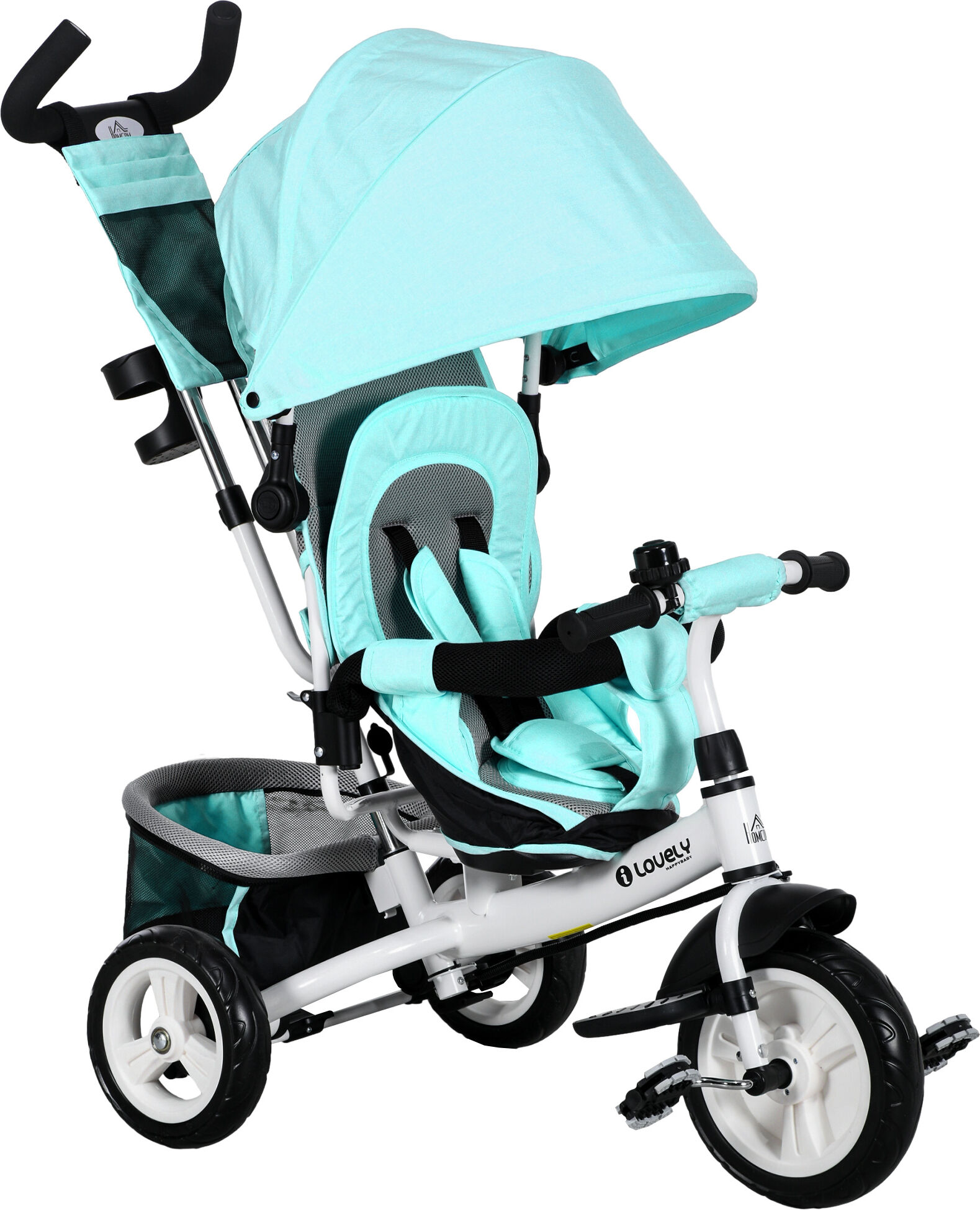 Homcom Triciclo per Bambini +12 Mesi con Maniglia Spingi estraibile Borsetta per Mamma e Portabottiglie Verde Menta   Aosom Italy