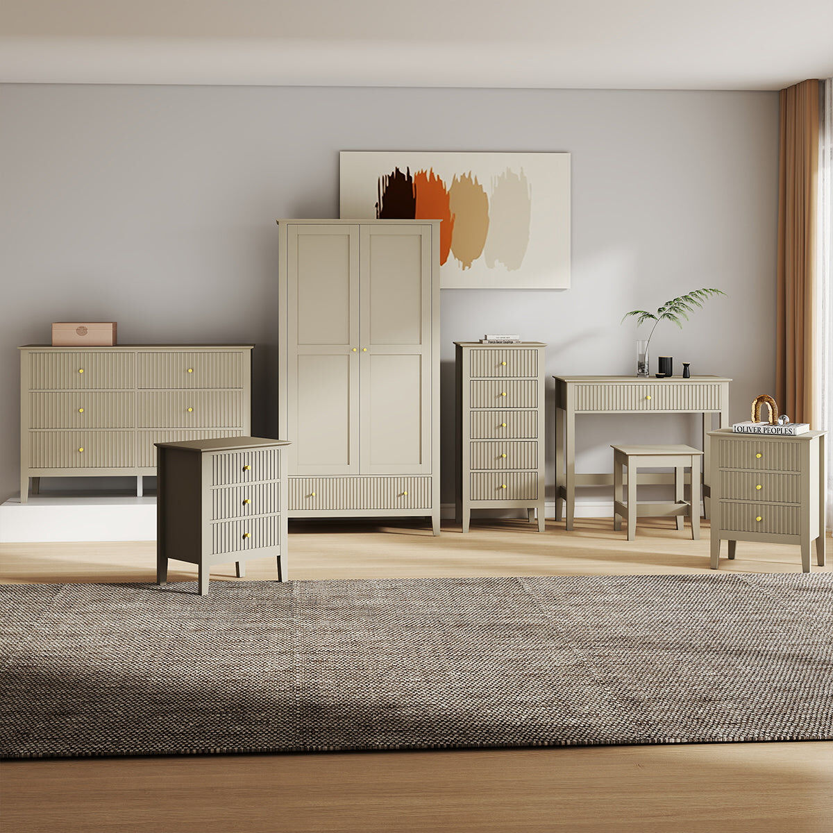 Double Wardrobe, 6 Drawer Chest of Drawers, Tall 5 Drawer Bedside Table, Pair of 3 Drawer Bedside Tables & Dressing Table Set - Hales Taupe Range Coated MDF, Metal