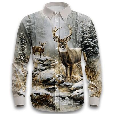 Herren Rentier Natur Landschaft Wald Hemd Knopfhemd Langarm Vintage-Retro Outdoor Campen und Wandern Jagd Frühling Herbst Umlegekragen 3D-Druck Leinenähnliches Hemd Beige