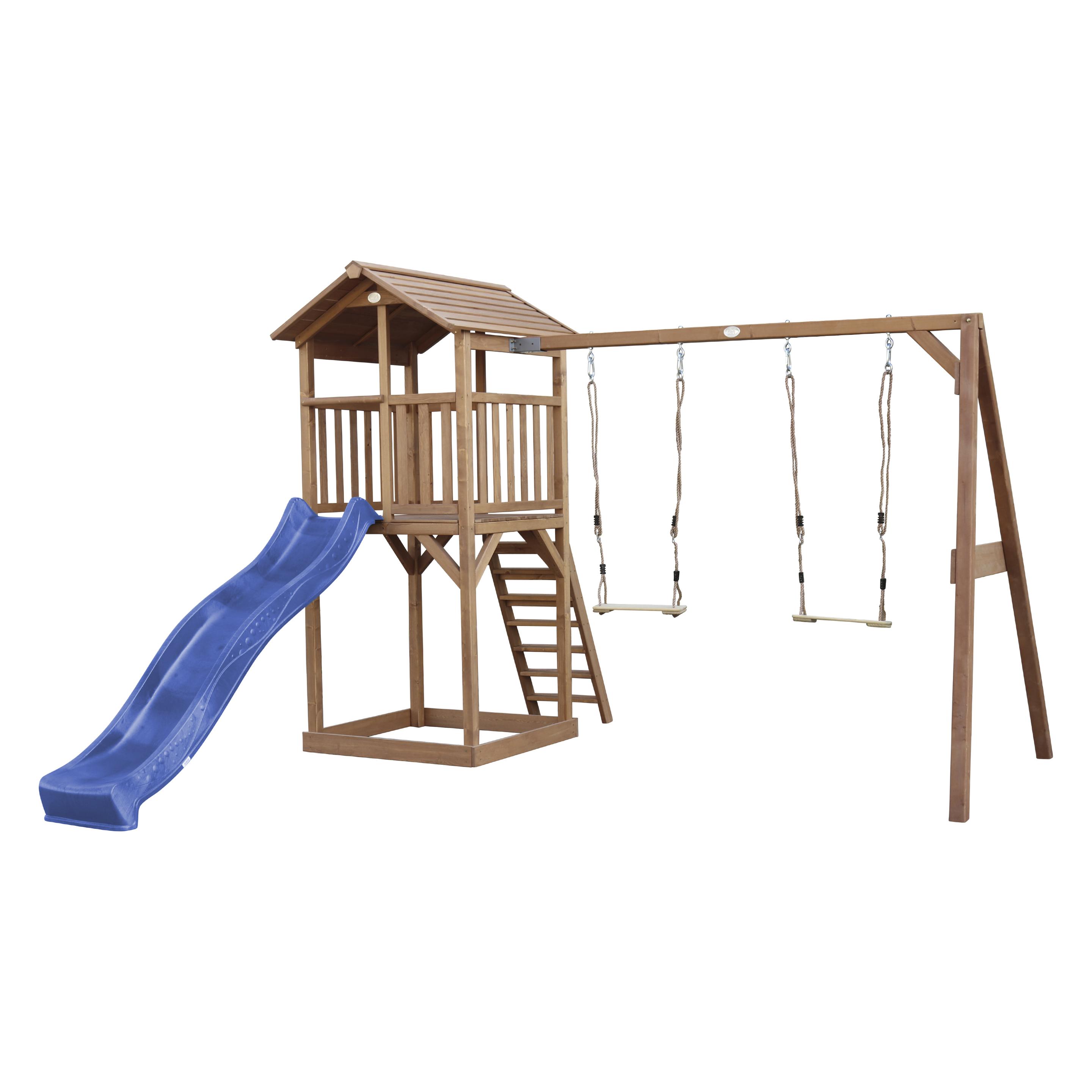 Axi Beach Tower Spielturm mit Doppelschaukel Braun - Blaue Rutsche (A025.122.30)