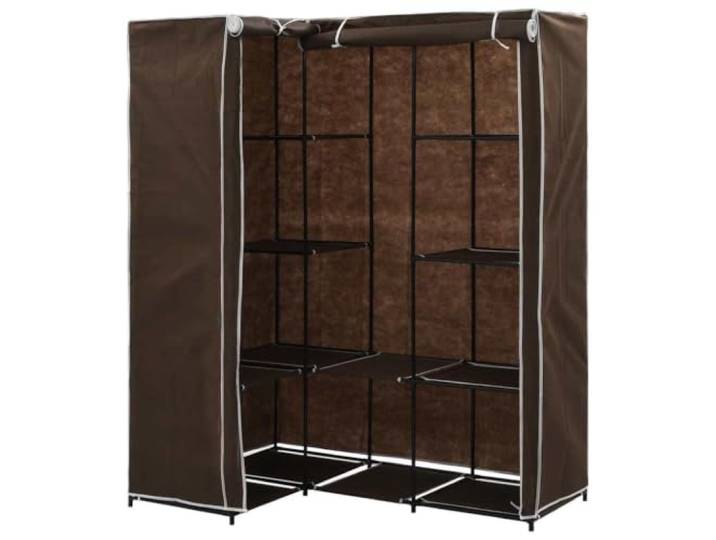 HNSMFPRE Eckschrank, braun, 130 x 87 x 169 cm, Eisenrahmen Stoffbezug, Reißverschluss, Stauraum, Aufhängemöglichkeiten, optimierte Ecken