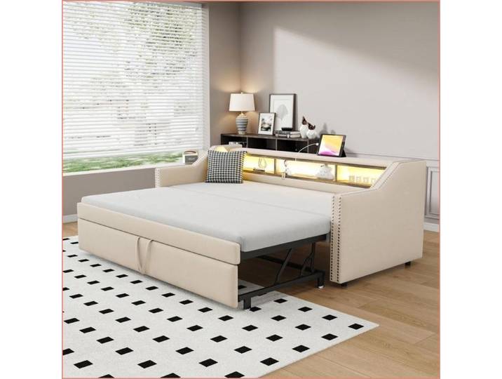 Canapé-lit extensible Beige - Rangement LED/USB + Latteux 90/180x190 cm