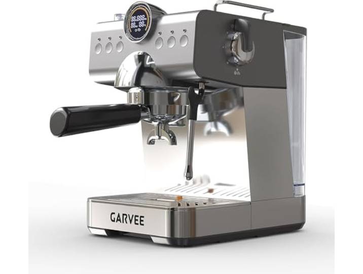 Garvee Italienische halbautomatische Kaffeemaschine, aus Edelstahl und Kunststoff, europäisches Design mit Druck, Farbe Grau, kompakt und funktional
