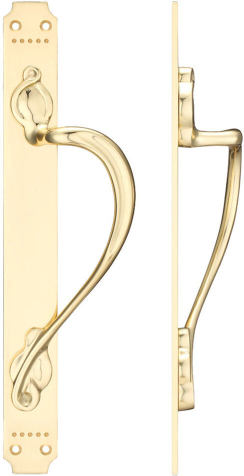 Fulton & Bray Cast Brass Pull Handle with Art Nouveau Backplate Polished Brass 37.7cm H X 4.2cm W X 5.6cm D