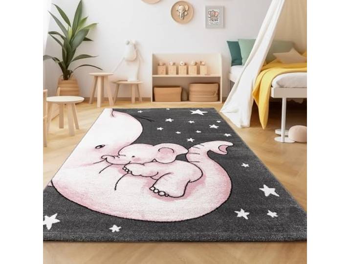 SIMPEX Kinderteppich Elefantenfreunde Rosa 200x290 cm XXL Spielteppich Weiche Oberfläche & Sanftes Farbkonzept
