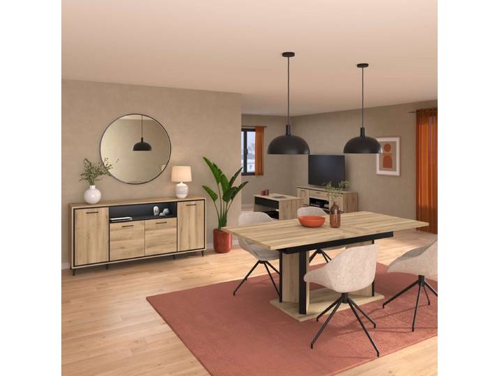 Altobuy – Ensemble Salle À Manger Table Repas Allongeable 160/200cm + Buffet 4 Portes Aspect Bois Et Métal – Design Contemporain