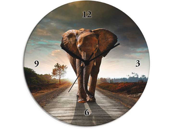 Wanduhr ARTLAND Ein Elefant läuft auf der Strasse , braun, B:30cm H:30cm T:1,8cm, Wanduhren, Wanduhr, wahlweise mit Quarz- oder Funkuhrwerk, lautlos ohne Tickgeräusche