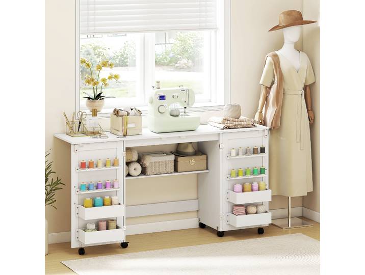 HOMCOM Table Couture Pliante Roulante Blanc avec Rangement